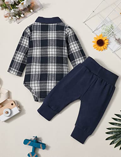 Baby Boy Clothes Long Sleeve Blue and White Plaid Button Romper Short Sleeve Gentleman Bodysuit Little Man Pants Baby Boy Clothes 3-6 Months Fall Winter Outfit Set by 