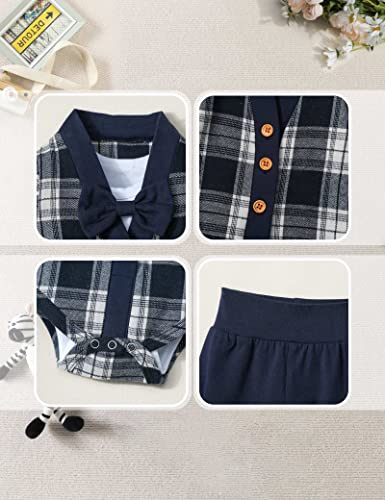 Baby Boy Clothes Long Sleeve Blue and White Plaid Button Romper Short Sleeve Gentleman Bodysuit Little Man Pants Baby Boy Clothes 3-6 Months Fall Winter Outfit Set by 