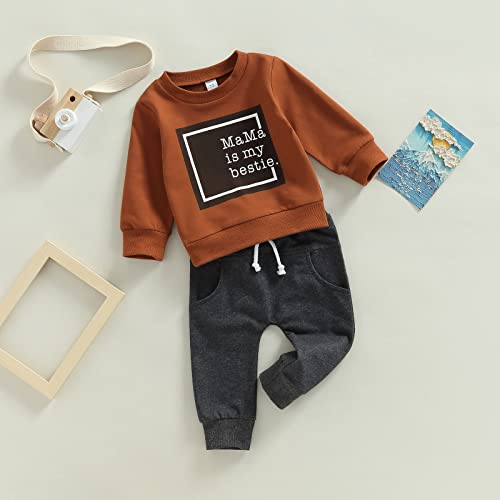 Toddler Baby Boy Clothes Set Solid Color Long Sleeve Crewneck Sweatshirt Top Casual Pants Set 2Pcs Fall Winter Outfits (Brown B, 6-12 Months) from Bagilaanoe