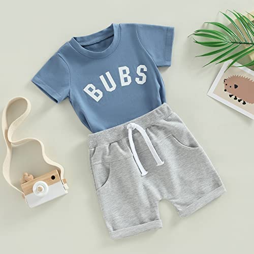 Toddler Baby Boy Bubs Summer Clothes Short Sleeve T-Shirt and Solid Shorts Outfit Cute Infant Clothing Set (Blue Bubs, 6-12 Months) by xiqaalombvt