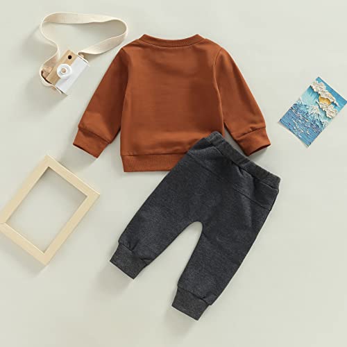 Toddler Baby Boy Clothes Set Solid Color Long Sleeve Crewneck Sweatshirt Top Casual Pants Set 2Pcs Fall Winter Outfits (Brown B, 6-12 Months) from Bagilaanoe