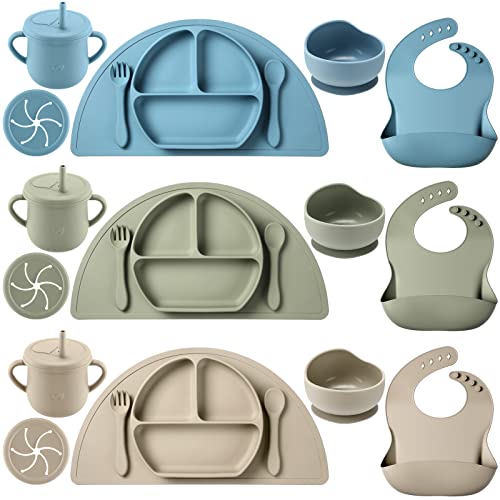 21 Pcs Baby Led Weaning Supplies Silicone Baby Feeding Set Baby Toddlers Utensils Divided Suction Plates Bowls Forks Spoons Cup Adjustable Bibs Placemat Self Feeding Eating Utensils, 3 Colors from Nuanchu