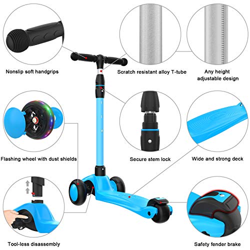 Allek Kick Scooter B03, Lean 'N Glide 3-Wheeled Push Scooter with Extra Wide PU Light-Up Wheels, Any Height Adjustable Handlebar and Strong Thick Deck for Children from 3-12yrs (Aqua Blue) by Allek