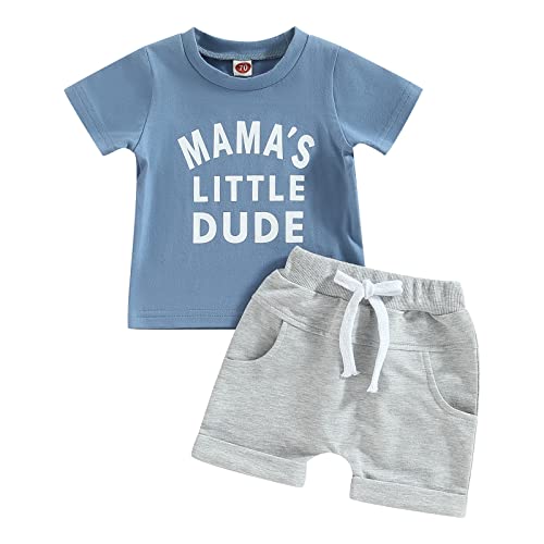 Infant Baby Boy Summer Short Sleeve Letter Print T-Shirt+Casual Shorts Clothing Set Mamas/Dads Little Dude Outfit (Mama's Blue+Grey,18-24 Months) from Xiaodriceee