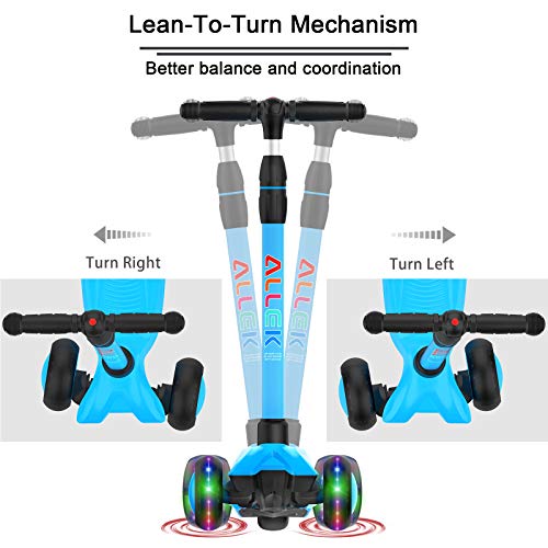 Allek Kick Scooter B03, Lean 'N Glide 3-Wheeled Push Scooter with Extra Wide PU Light-Up Wheels, Any Height Adjustable Handlebar and Strong Thick Deck for Children from 3-12yrs (Aqua Blue) by Allek