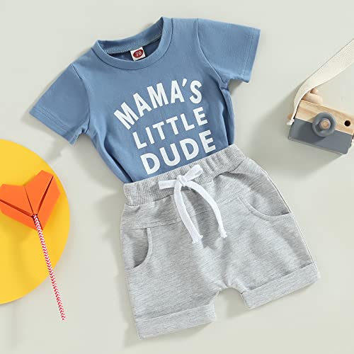 Infant Baby Boy Summer Short Sleeve Letter Print T-Shirt+Casual Shorts Clothing Set Mamas/Dads Little Dude Outfit (Mama's Blue+Grey,18-24 Months) from Xiaodriceee