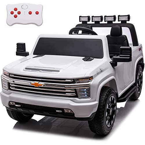 sopbost Ride On Car for Kids Chevrolet Licensed Silverado HD 24V 2-Seater Electric Pickup Toy 4WD Heavy Duty Truck w/EVA Rubber Tires, Music Play, White from sopbost