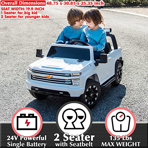 sopbost Ride On Car for Kids Chevrolet Licensed Silverado HD 24V 2-Seater Electric Pickup Toy 4WD Heavy Duty Truck w/EVA Rubber Tires, Music Play, White from sopbost