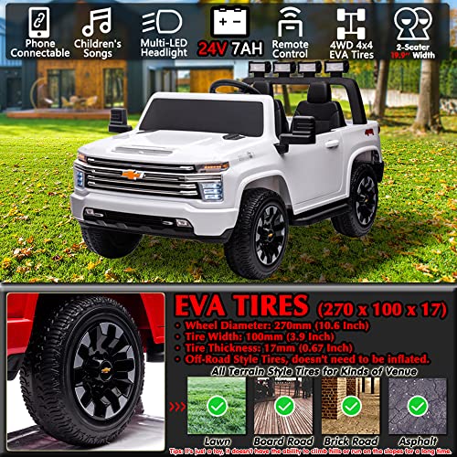 sopbost Ride On Car for Kids Chevrolet Licensed Silverado HD 24V 2-Seater Electric Pickup Toy 4WD Heavy Duty Truck w/EVA Rubber Tires, Music Play, White from sopbost