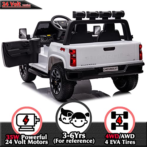 sopbost Ride On Car for Kids Chevrolet Licensed Silverado HD 24V 2-Seater Electric Pickup Toy 4WD Heavy Duty Truck w/EVA Rubber Tires, Music Play, White from sopbost