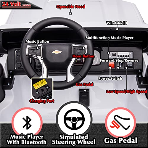 sopbost Ride On Car for Kids Chevrolet Licensed Silverado HD 24V 2-Seater Electric Pickup Toy 4WD Heavy Duty Truck w/EVA Rubber Tires, Music Play, White from sopbost