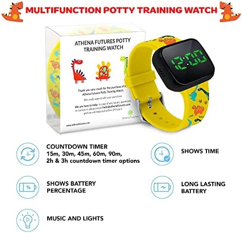 Potty Training Count Down Timer Watch With Lights And Music - Rechargeable, Dinosaur Yellow Band Engaging Pattern, Water Resistant, Potty Training Watch Yellow (No Vibration and No Alarm) by Athena Futures Inc.