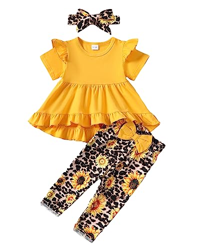 Kucnuzki 18-24 Months Girl Clothing Toddler Girl Clothes Cute Little Girl Outfit Baby Ruffle Shirt Yellow Top Floral Pants Set 3Pcs Spring Outfit Baby Clothing by Kucnuzki