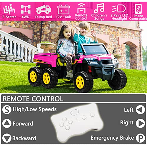 sopbost 12V 4WD Ride On Truck Kids Electric Ride On Car with Remote Control 2 Seater Battery Powered 6 Wheels Truck with Dump Bed, Music Play, Hot Pink by sopbost