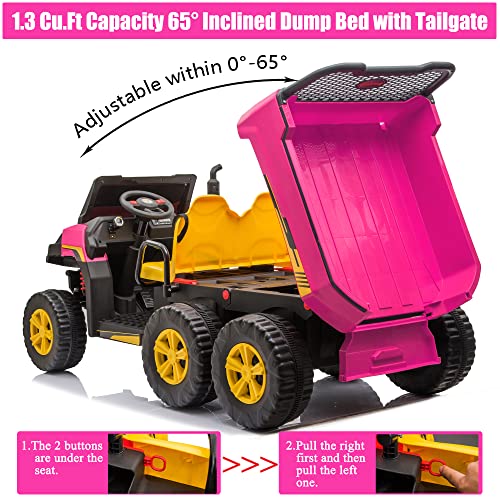 sopbost 12V 4WD Ride On Truck Kids Electric Ride On Car with Remote Control 2 Seater Battery Powered 6 Wheels Truck with Dump Bed, Music Play, Hot Pink by sopbost