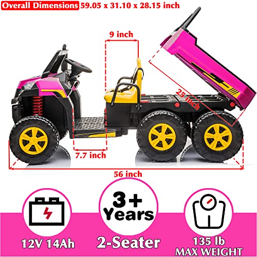 sopbost 12V 4WD Ride On Truck Kids Electric Ride On Car with Remote Control 2 Seater Battery Powered 6 Wheels Truck with Dump Bed, Music Play, Hot Pink by sopbost