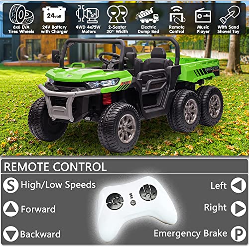 sopbost 4x75W Motors 2 Seater Ride On Car with Remote Control 6X6 4WD 24V Electric Off-Road UTV Truck w/Motorized Dump Bed, Extra Shovel, 2 Speeds, Music Play, Green from sopbost