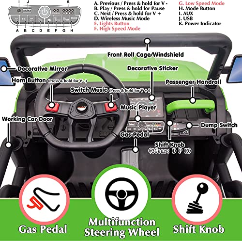 sopbost 4x75W Motors 2 Seater Ride On Car with Remote Control 6X6 4WD 24V Electric Off-Road UTV Truck w/Motorized Dump Bed, Extra Shovel, 2 Speeds, Music Play, Green from sopbost