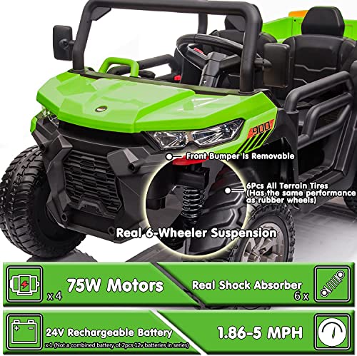 sopbost 4x75W Motors 2 Seater Ride On Car with Remote Control 6X6 4WD 24V Electric Off-Road UTV Truck w/Motorized Dump Bed, Extra Shovel, 2 Speeds, Music Play, Green from sopbost
