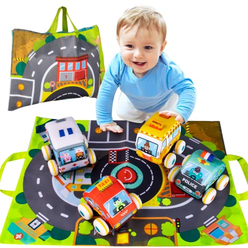 UNIH Pull-Back Vehicle Baby Toys of Soft Plush Car Set with Play Mat (Storage Bag), for Toddlers Aged 1 2 3 Year Old Gift by UNIH