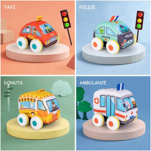 UNIH Pull-Back Vehicle Baby Toys of Soft Plush Car Set with Play Mat (Storage Bag), for Toddlers Aged 1 2 3 Year Old Gift by UNIH