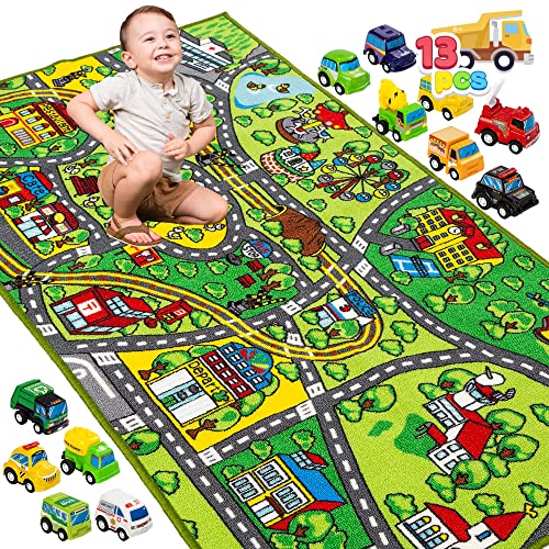 JOYIN Carpet Playmat w/ 12 Cars Pull-Back Vehicle Set for Kids Age 3+, Jumbo Play Room Rug , City Pretend Play by Joyin Inc