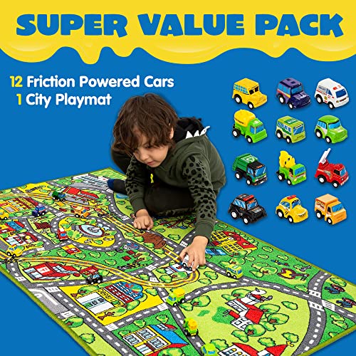 JOYIN Carpet Playmat w/ 12 Cars Pull-Back Vehicle Set for Kids Age 3+, Jumbo Play Room Rug , City Pretend Play by Joyin Inc