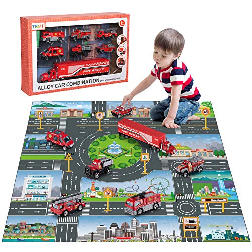 TEMI Diecast Emergency Fire Rescue Vehicle Toy Set w/ Play Mat, Truck Carrier,Fire Truck,Ambulance, Alloy Metal Fire Fighting Car Play Set for 3 4 5 6 Years Old Toddlers Kids Boys and Girls from TEMI