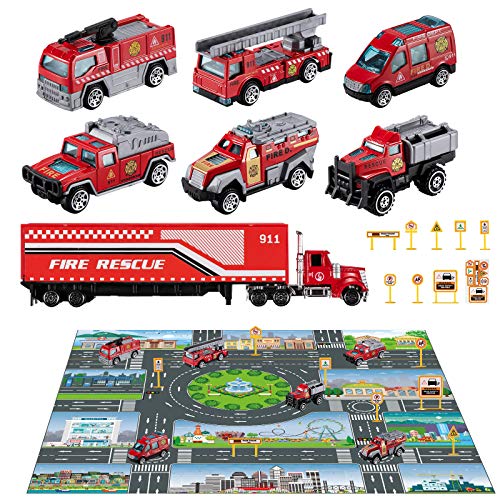 TEMI Diecast Emergency Fire Rescue Vehicle Toy Set w/ Play Mat, Truck Carrier,Fire Truck,Ambulance, Alloy Metal Fire Fighting Car Play Set for 3 4 5 6 Years Old Toddlers Kids Boys and Girls from TEMI
