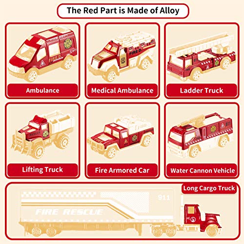 TEMI Diecast Emergency Fire Rescue Vehicle Toy Set w/ Play Mat, Truck Carrier,Fire Truck,Ambulance, Alloy Metal Fire Fighting Car Play Set for 3 4 5 6 Years Old Toddlers Kids Boys and Girls from TEMI
