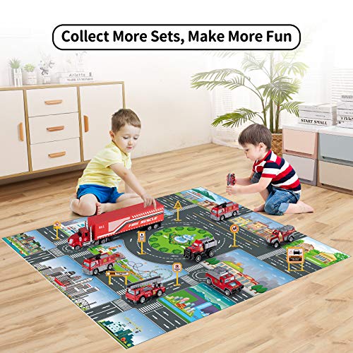 TEMI Diecast Emergency Fire Rescue Vehicle Toy Set w/ Play Mat, Truck Carrier,Fire Truck,Ambulance, Alloy Metal Fire Fighting Car Play Set for 3 4 5 6 Years Old Toddlers Kids Boys and Girls from TEMI
