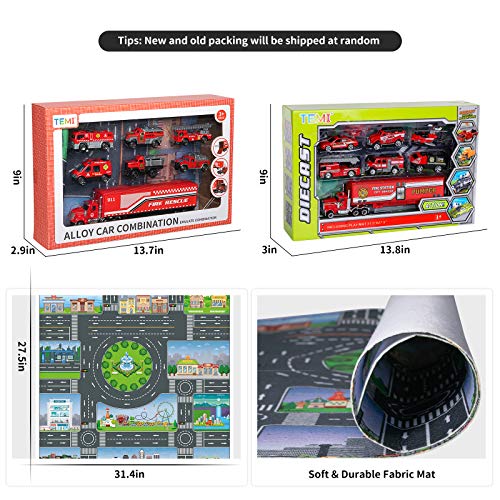 TEMI Diecast Emergency Fire Rescue Vehicle Toy Set w/ Play Mat, Truck Carrier,Fire Truck,Ambulance, Alloy Metal Fire Fighting Car Play Set for 3 4 5 6 Years Old Toddlers Kids Boys and Girls from TEMI