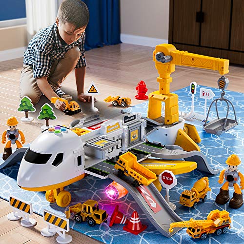 25 Pack Transport Construction Airplane Toy Play Vehicles Set for Kids Gifts, with 6 Construction Die-cast Toy Truck, 11 Road Signs-Suitable for 3 4 5 6 Year Old Boys and Girls by LiDi RC