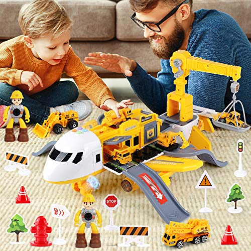 25 Pack Transport Construction Airplane Toy Play Vehicles Set for Kids Gifts, with 6 Construction Die-cast Toy Truck, 11 Road Signs-Suitable for 3 4 5 6 Year Old Boys and Girls by LiDi RC
