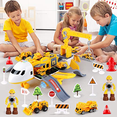 25 Pack Transport Construction Airplane Toy Play Vehicles Set for Kids Gifts, with 6 Construction Die-cast Toy Truck, 11 Road Signs-Suitable for 3 4 5 6 Year Old Boys and Girls by LiDi RC