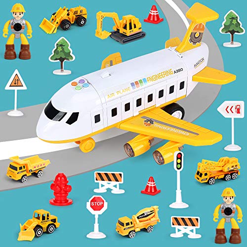 25 Pack Transport Construction Airplane Toy Play Vehicles Set for Kids Gifts, with 6 Construction Die-cast Toy Truck, 11 Road Signs-Suitable for 3 4 5 6 Year Old Boys and Girls by LiDi RC