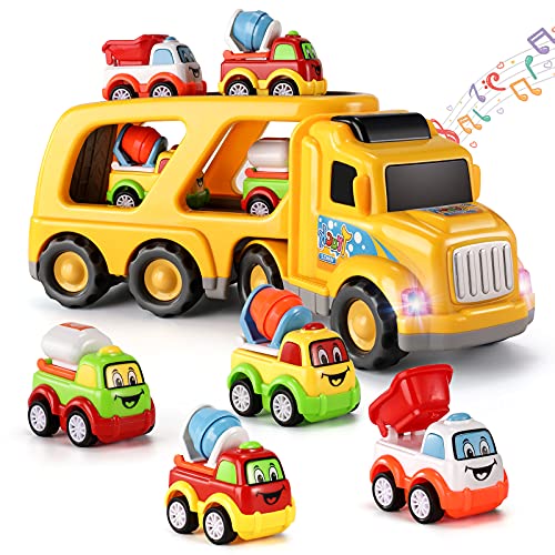 Temi Toddler Boy Toys Toys for 1 2 3 4 5 6 Year Old Boys, 5 in 1 Construction Vehicles Transport Truck Carrier Toy, Toddler Toys Age 1-2 for Boys Girls Kids Push and Go Play Vehicles Toys by Temi