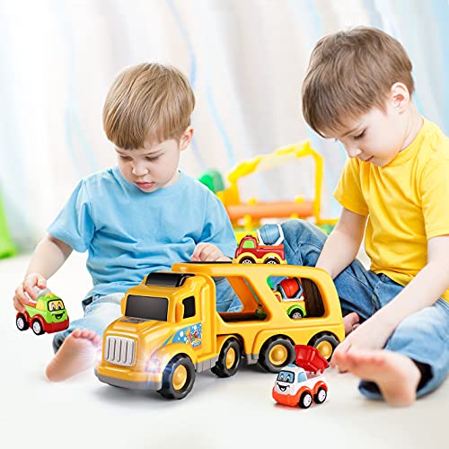 Temi Toddler Boy Toys Toys for 1 2 3 4 5 6 Year Old Boys, 5 in 1 Construction Vehicles Transport Truck Carrier Toy, Toddler Toys Age 1-2 for Boys Girls Kids Push and Go Play Vehicles Toys by Temi