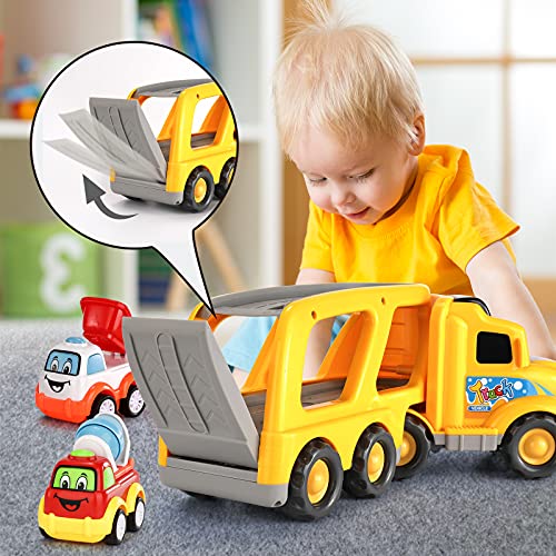 Temi Toddler Boy Toys Toys for 1 2 3 4 5 6 Year Old Boys, 5 in 1 Construction Vehicles Transport Truck Carrier Toy, Toddler Toys Age 1-2 for Boys Girls Kids Push and Go Play Vehicles Toys by Temi