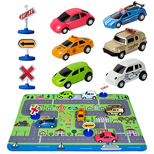 Car Toys with Play Mat, 6 Toy Cars, 3 Road Signs, 14" x 18" City Playmat, City Vehicle Set, Mini Pull Back Vehicle Toys for 3 4 5 Year Old Boys Toddlers by CHICKEN TOYS