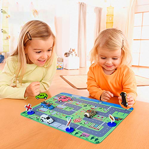 Car Toys with Play Mat, 6 Toy Cars, 3 Road Signs, 14" x 18" City Playmat, City Vehicle Set, Mini Pull Back Vehicle Toys for 3 4 5 Year Old Boys Toddlers by CHICKEN TOYS