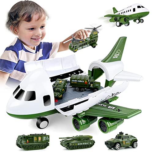 UNIH Airplane Toys Set, Transport Cargo Airplane and 6PCS Mini Army Vehicles, Military Vehicle Play Set Birthday Gift for Kids Toddlers Boys 3 4 5 6 Years Old by UNIH