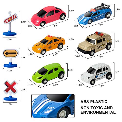 Car Toys with Play Mat, 6 Toy Cars, 3 Road Signs, 14" x 18" City Playmat, City Vehicle Set, Mini Pull Back Vehicle Toys for 3 4 5 Year Old Boys Toddlers by CHICKEN TOYS