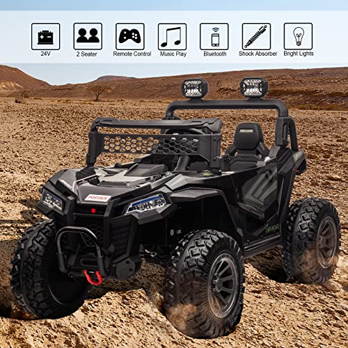 POSTACK 24V Ride on UTV for Big Kids 4WD,XXL Side by Side 2 Seater Kids Car with Remote Control, Battery Powered Electric Car for Kids with EVA Rubber Tires, Music Play, Gift for Boys and Girls, Black by POSTACK