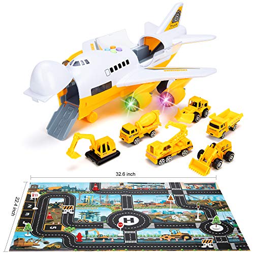 Car Toys Set with Transport Cargo Airplane and Large Play Mat, Educational Vehicle Construction Car Set for Kids Toddler Boys Child Gift for 3 4 5 6 Years Old, 6 Cars, Large Plane, 11 Road Signs from SAITI