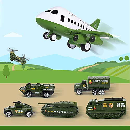 UNIH Airplane Toys Set, Transport Cargo Airplane and 6PCS Mini Army Vehicles, Military Vehicle Play Set Birthday Gift for Kids Toddlers Boys 3 4 5 6 Years Old by UNIH