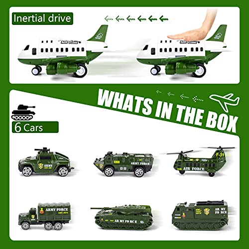 UNIH Airplane Toys Set, Transport Cargo Airplane and 6PCS Mini Army Vehicles, Military Vehicle Play Set Birthday Gift for Kids Toddlers Boys 3 4 5 6 Years Old by UNIH