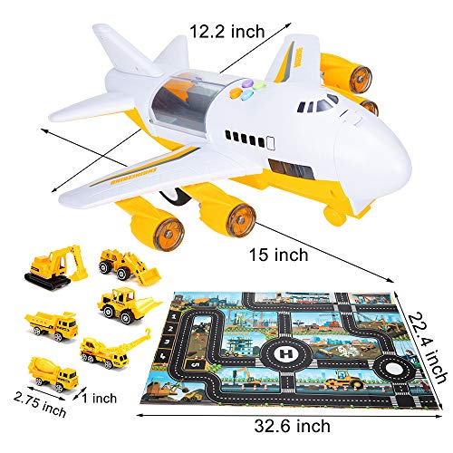Car Toys Set with Transport Cargo Airplane and Large Play Mat, Educational Vehicle Construction Car Set for Kids Toddler Boys Child Gift for 3 4 5 6 Years Old, 6 Cars, Large Plane, 11 Road Signs from SAITI