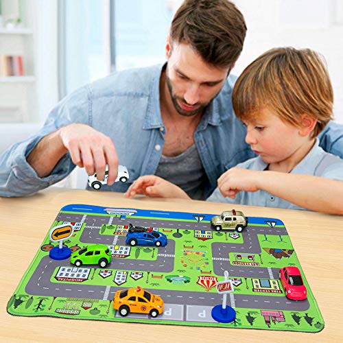Car Toys with Play Mat, 6 Toy Cars, 3 Road Signs, 14" x 18" City Playmat, City Vehicle Set, Mini Pull Back Vehicle Toys for 3 4 5 Year Old Boys Toddlers by CHICKEN TOYS