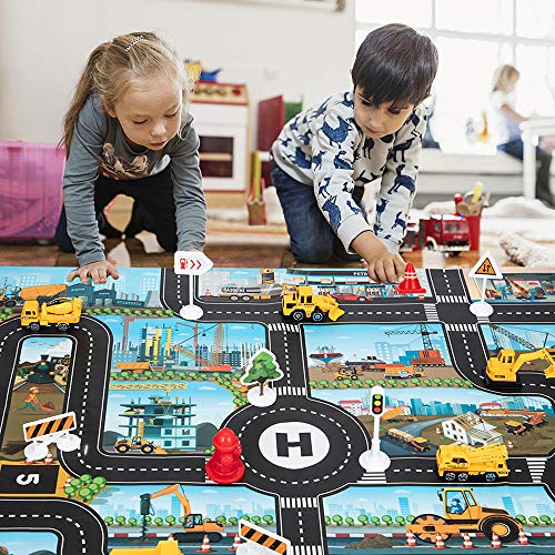 Car Toys Set with Transport Cargo Airplane and Large Play Mat, Educational Vehicle Construction Car Set for Kids Toddler Boys Child Gift for 3 4 5 6 Years Old, 6 Cars, Large Plane, 11 Road Signs from SAITI